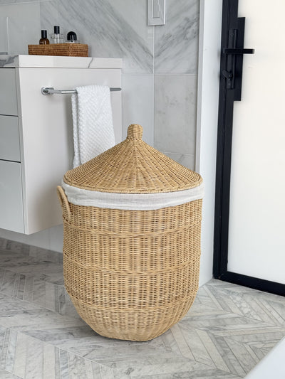 Noor Round Wicker Hamper Laundry  Storage Basket with Liner, Natural