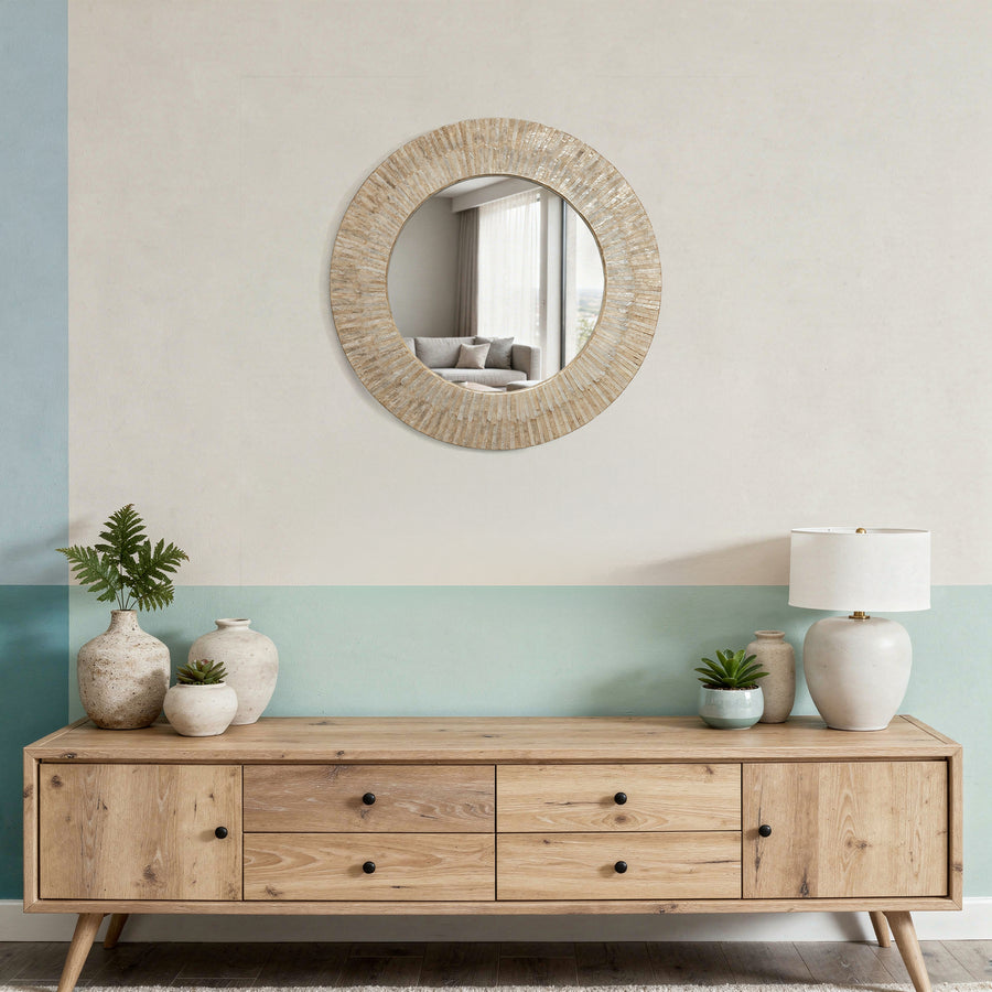 Round Capiz Seashell Sunray Wall Mirror, Pearlescent White