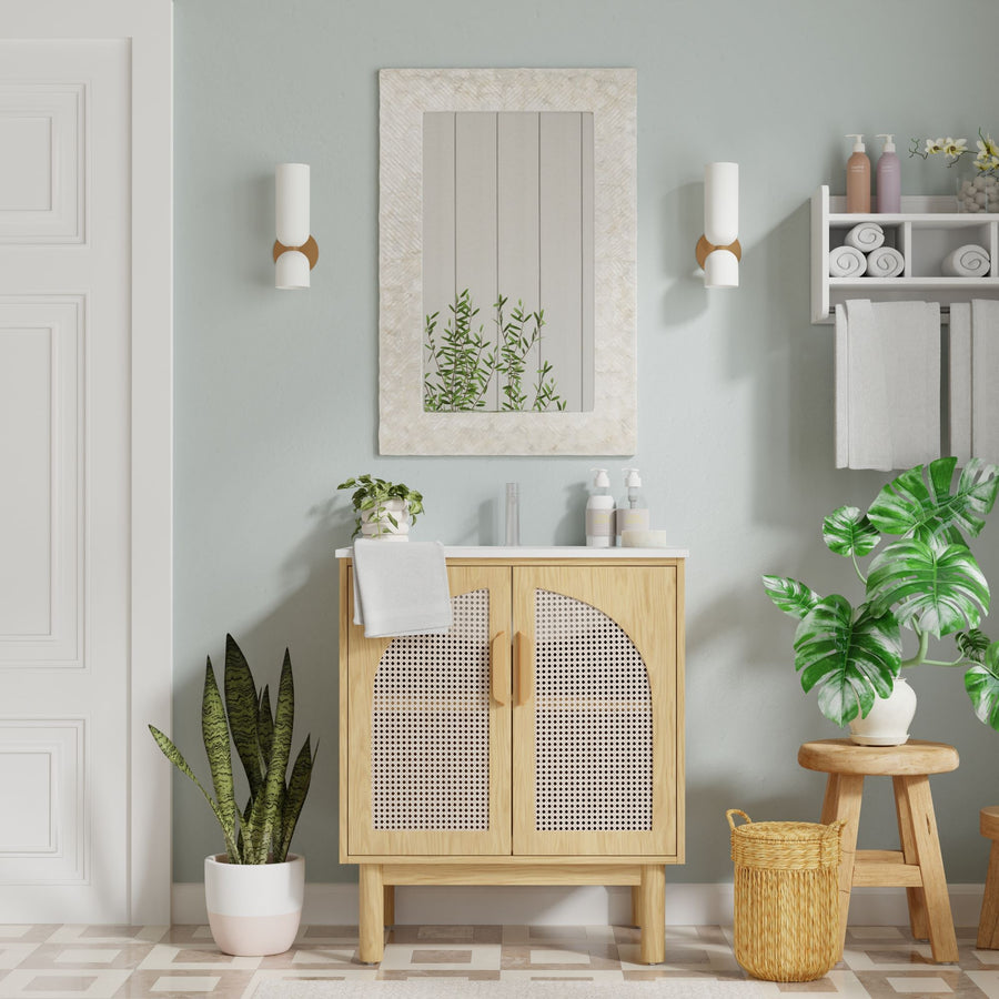 Capiz Seashell Mosaic Rectangular Decorative Wall Mirror, Pearlescent White