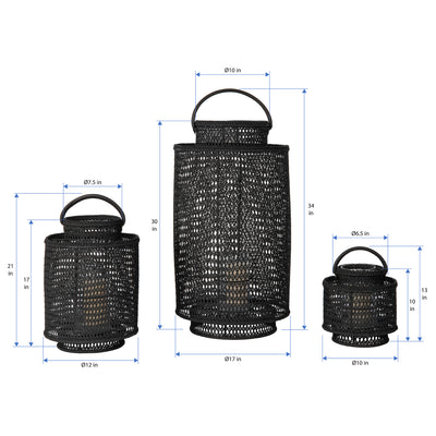 Cabo Decorative Rattan Candle Hurricane Lanterns, Black