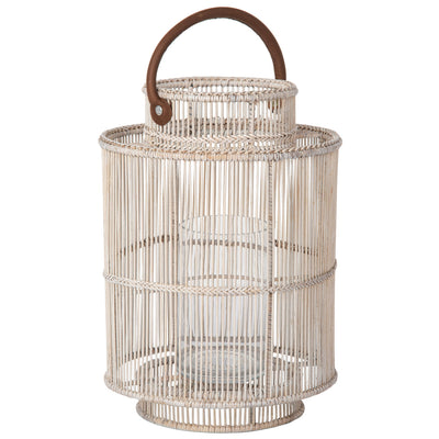 Baja Decorative Rattan Candle Hurricane Lanterns, White-Wash