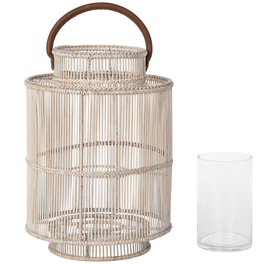 Baja Decorative Rattan Candle Hurricane Lanterns, White-Wash