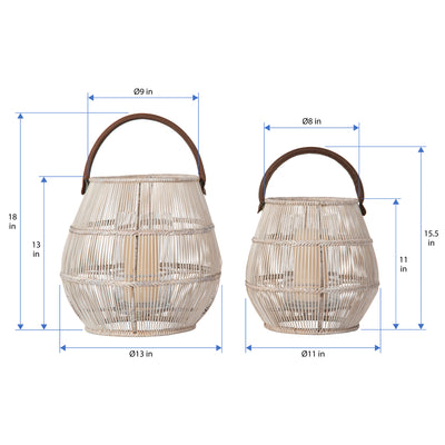 Baja Tulip Decorative Rattan Hurricane Lanterns, White-Wash