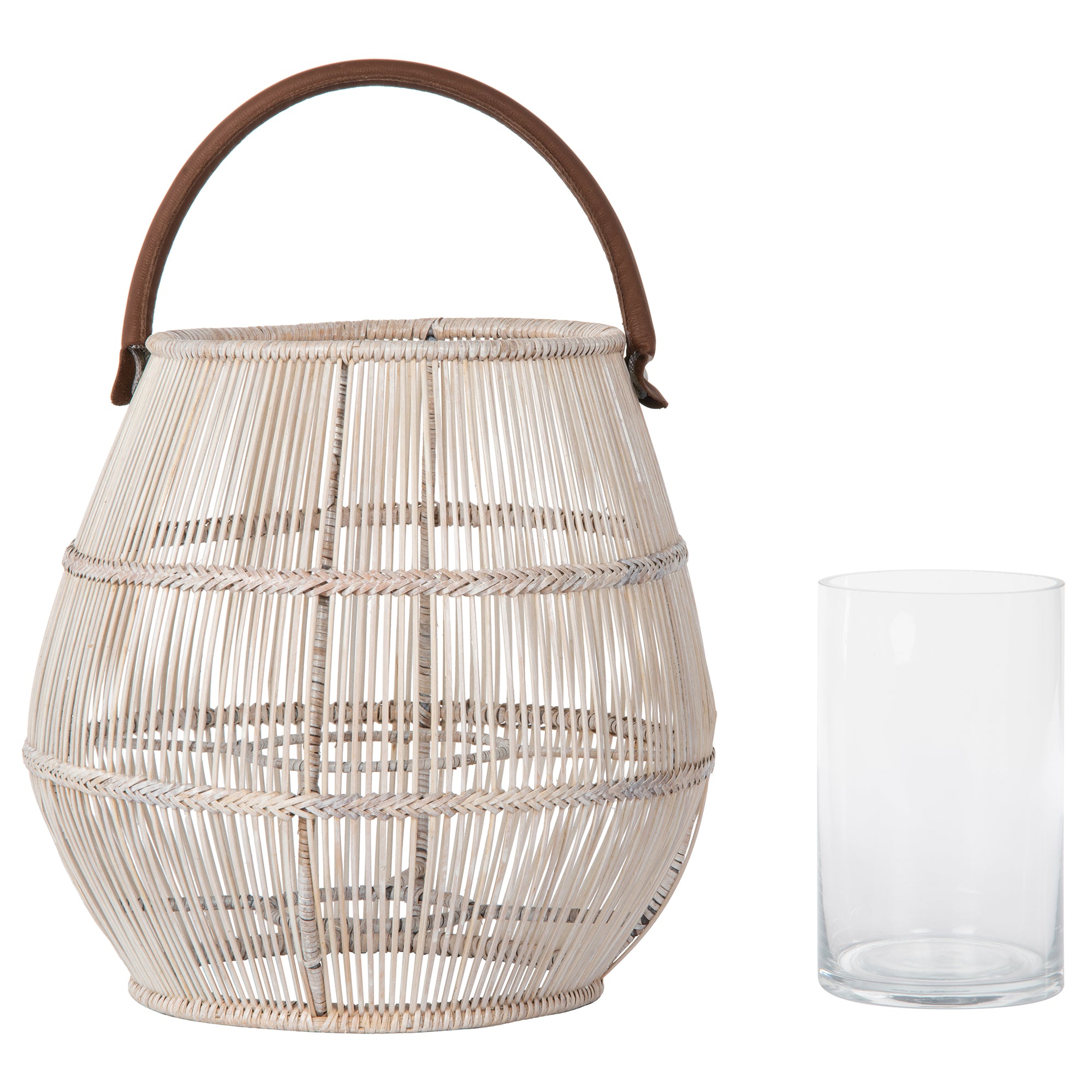 Baja Tulip Decorative Rattan Hurricane Lanterns, White-Wash