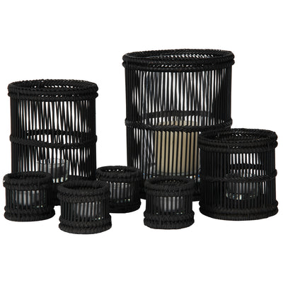 Baja Hurricane Decorative Rattan Candle Holders, Black