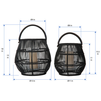 Baja Tulip Decorative Rattan Candle Hurricane Lanterns, Black