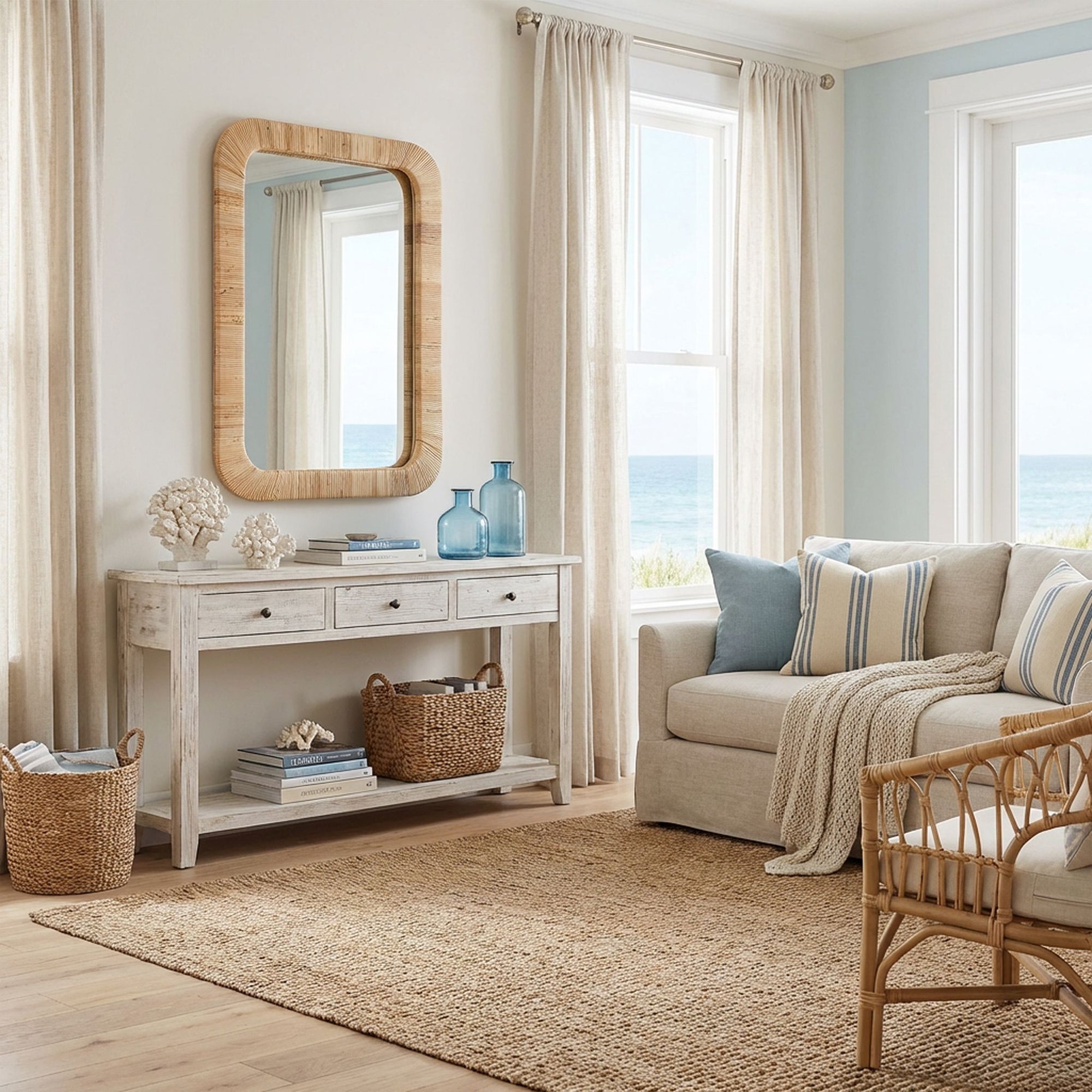 Hinata Rectangular Decorative Rattan Wrapped Mirror, Natural, 24x36