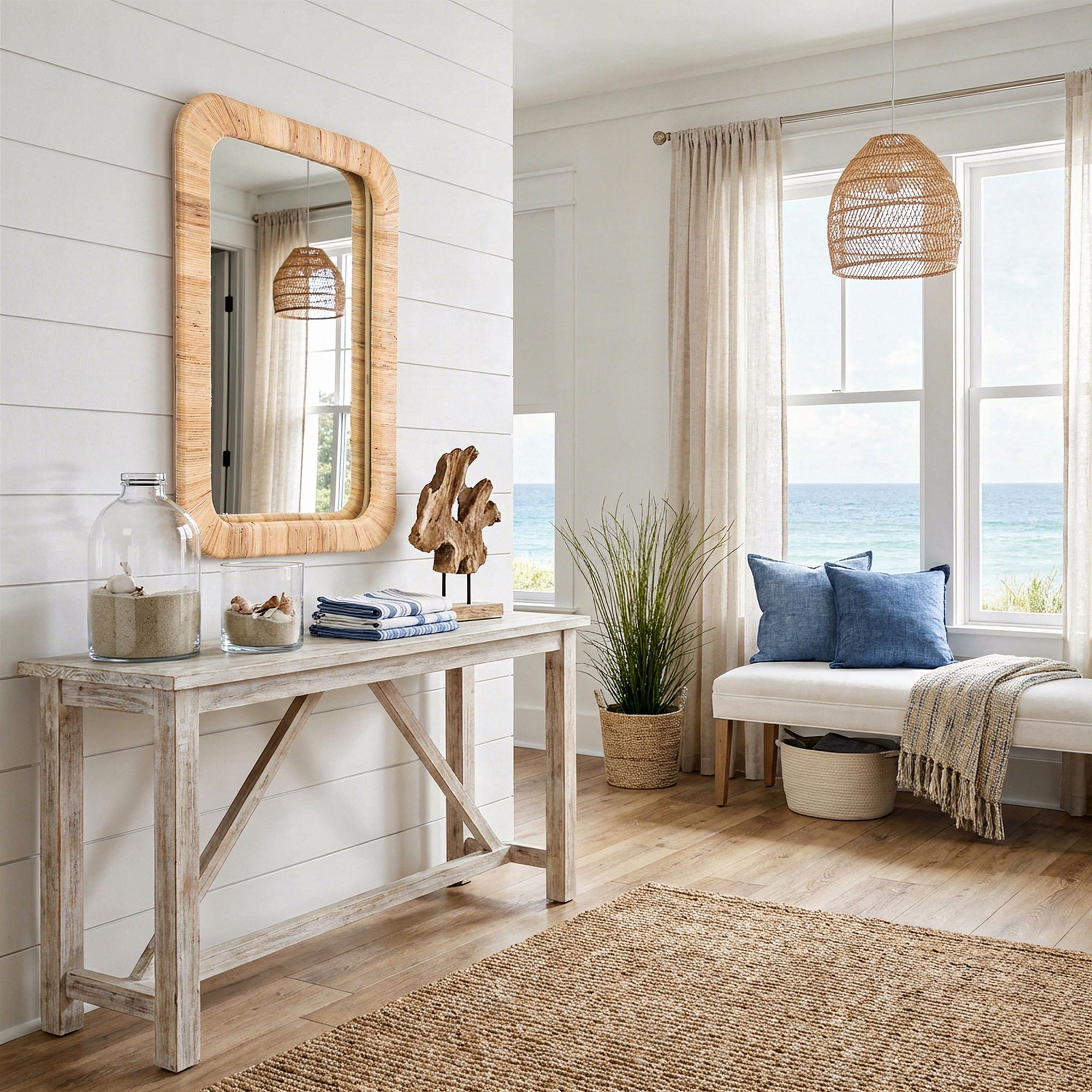 Hinata Rectangular Decorative Rattan Wrapped Mirror, Natural, 24x36