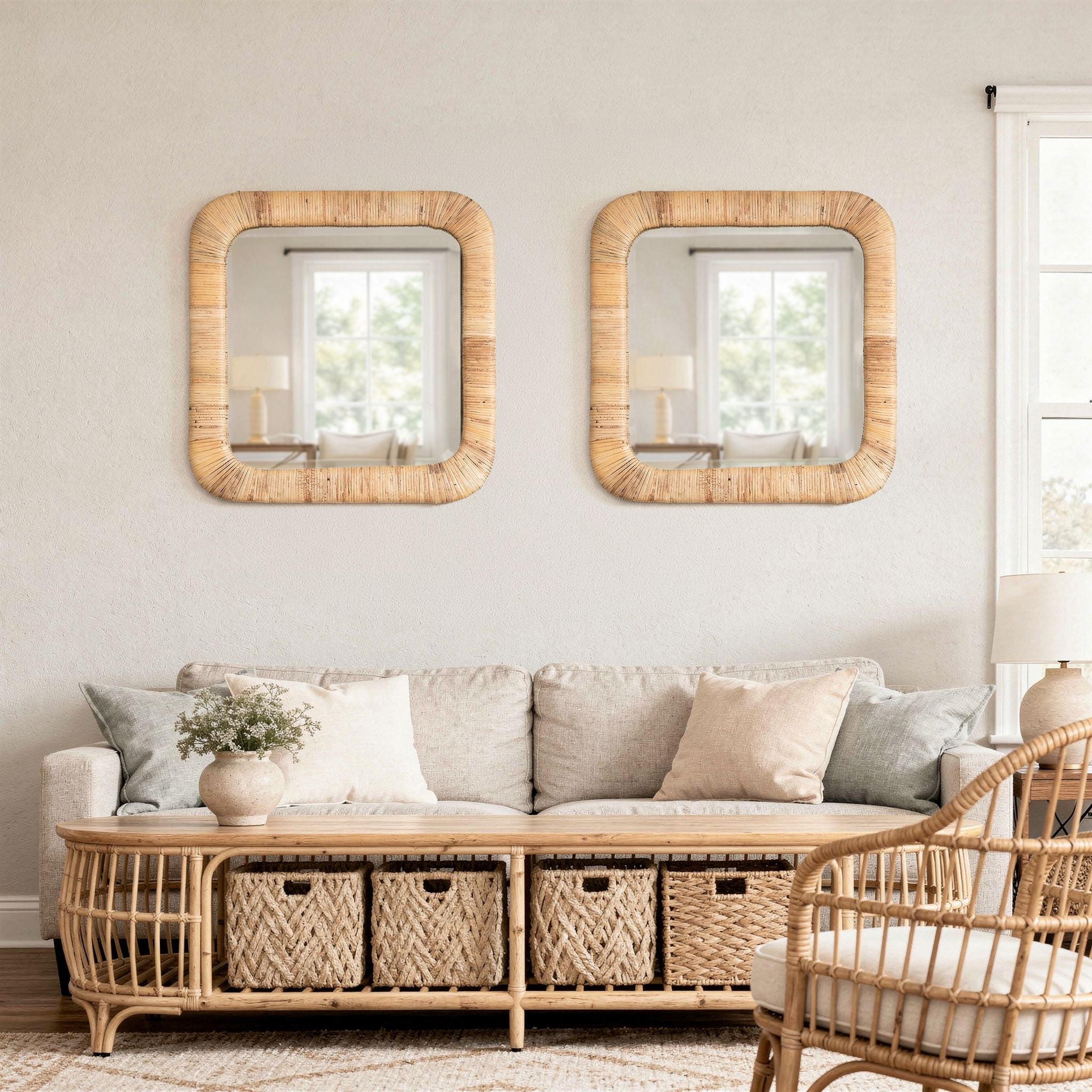 Hinata Square Decorative Rattan Wrapped Mirror, Natural, 24x24