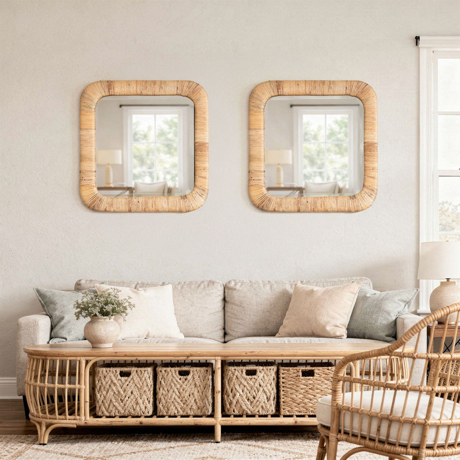Hinata Square Decorative Rattan Wrapped Mirror, Natural, 24x24