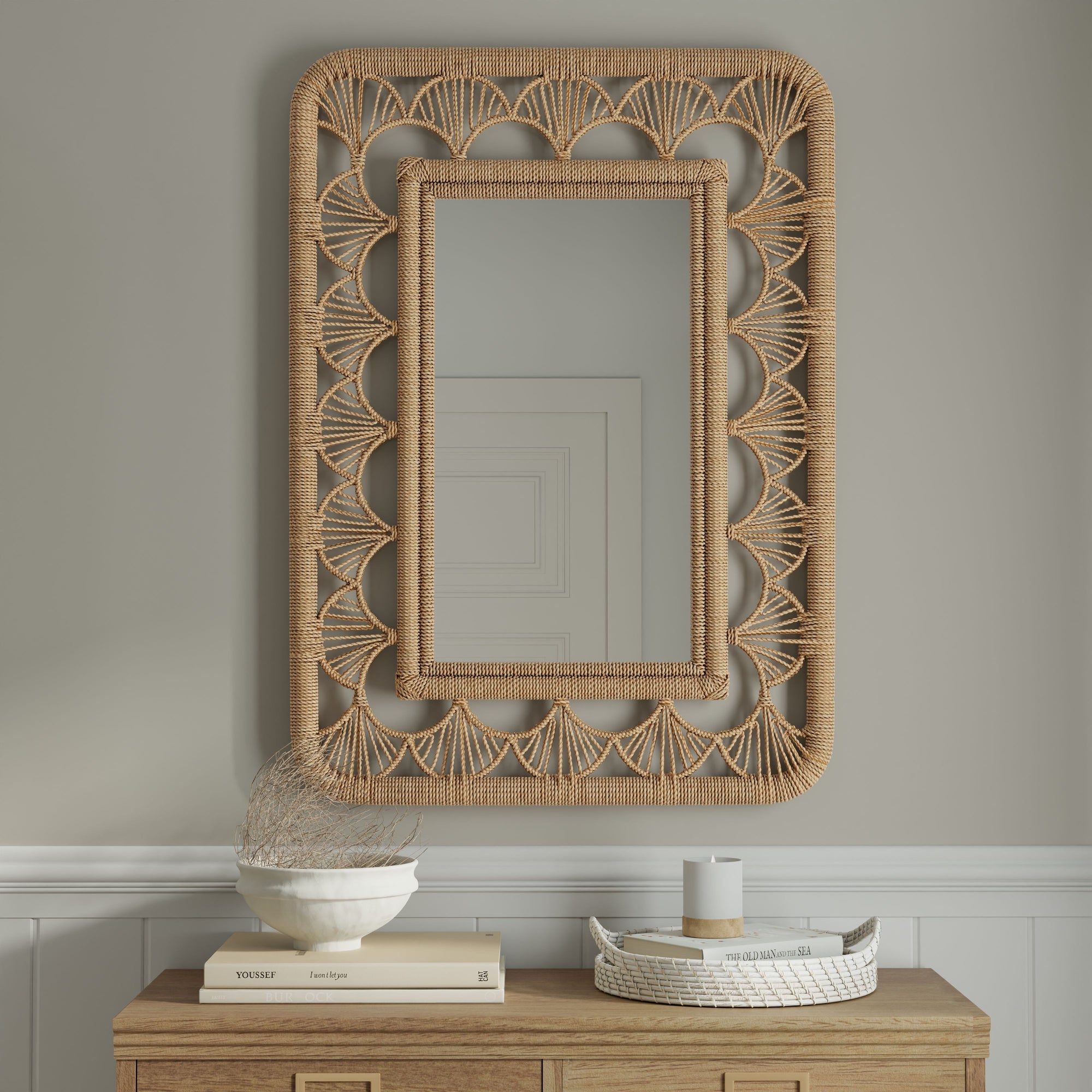 Rectangular Illusion Seagrass Rope Mirror, 24X36