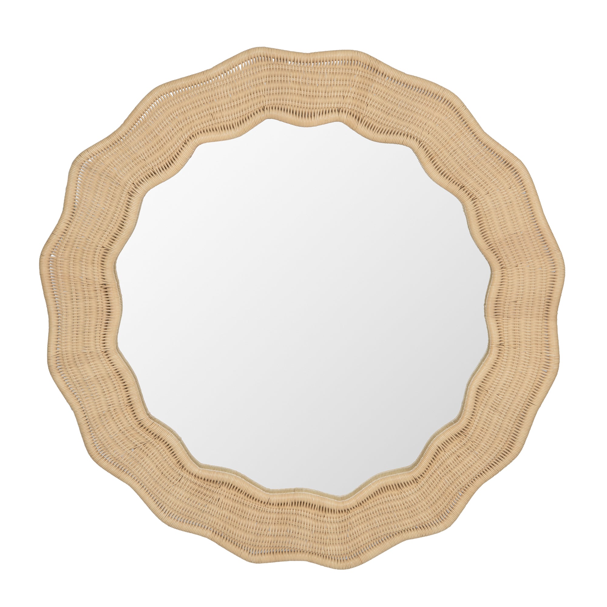 Scalloped Wicker Round Wall Mirror, Diameter 39.5 in, Natural
