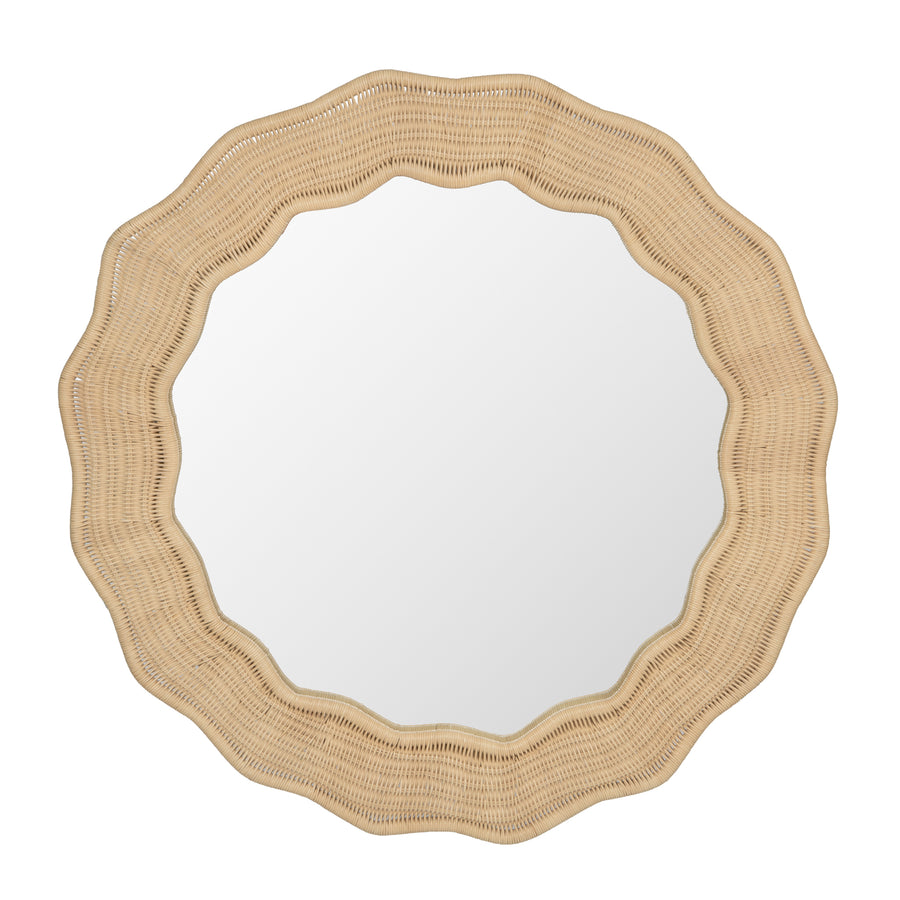 Scalloped Wicker Round Wall Mirror, Diameter 39.5 in, Natural