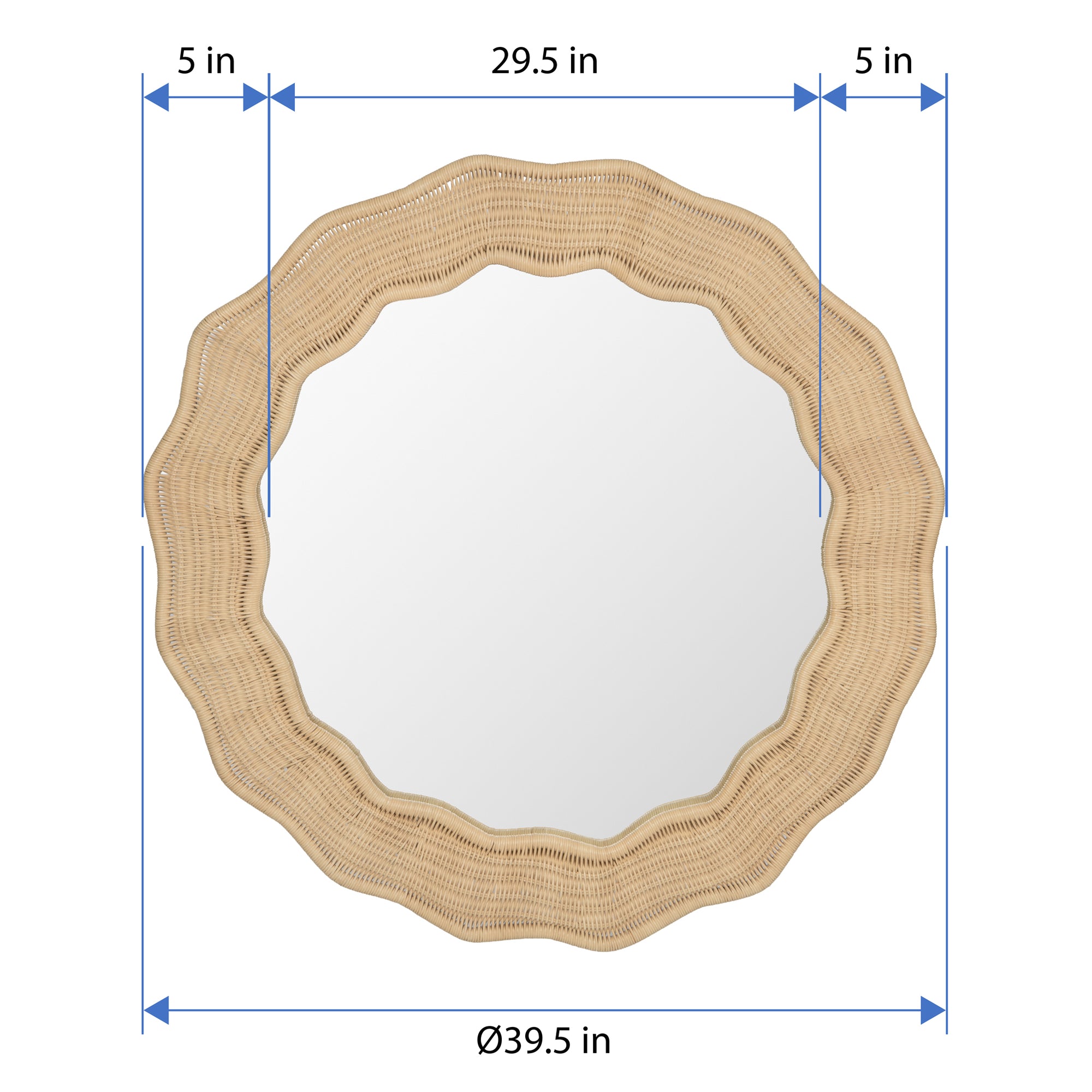 Scalloped Wicker Round Wall Mirror, Diameter 39.5 in, Natural