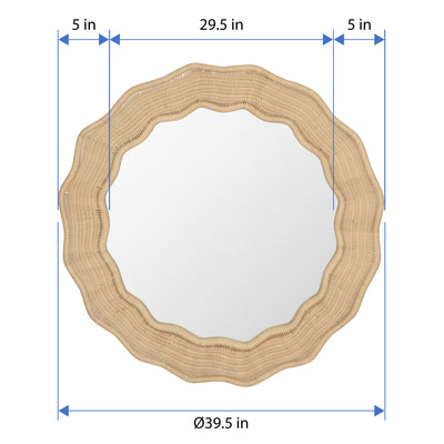 Scalloped Wicker Round Wall Mirror, Diameter 39.5 in, Natural