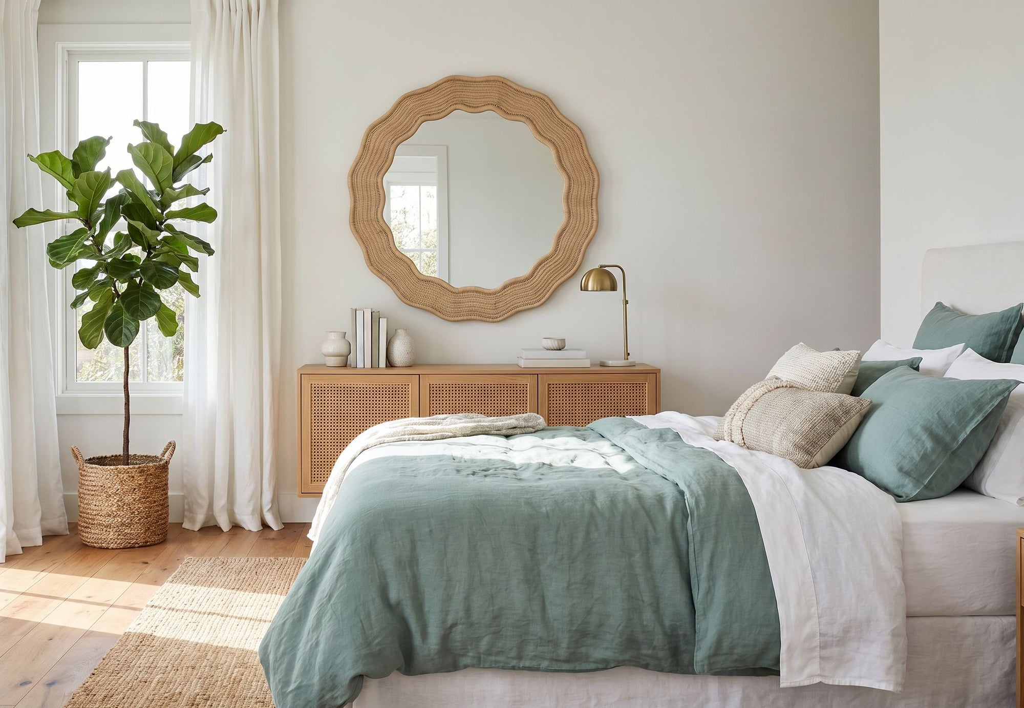 Scalloped Wicker Round Wall Mirror, Diameter 39.5 in, Natural