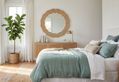 Scalloped Wicker Round Wall Mirror, Diameter 39.5 in, Natural