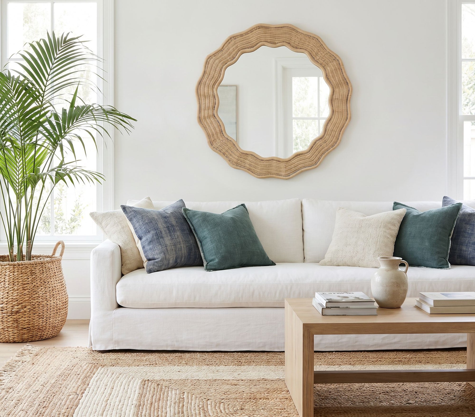 Scalloped Wicker Round Wall Mirror, Diameter 39.5 in, Natural