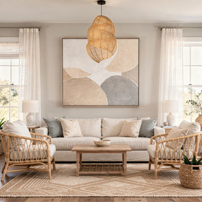 Wicker Coiled Shell Pendant Lamp, Handwoven, Diameter 17.5 x 16.5 x 27 inch, Natural Brown