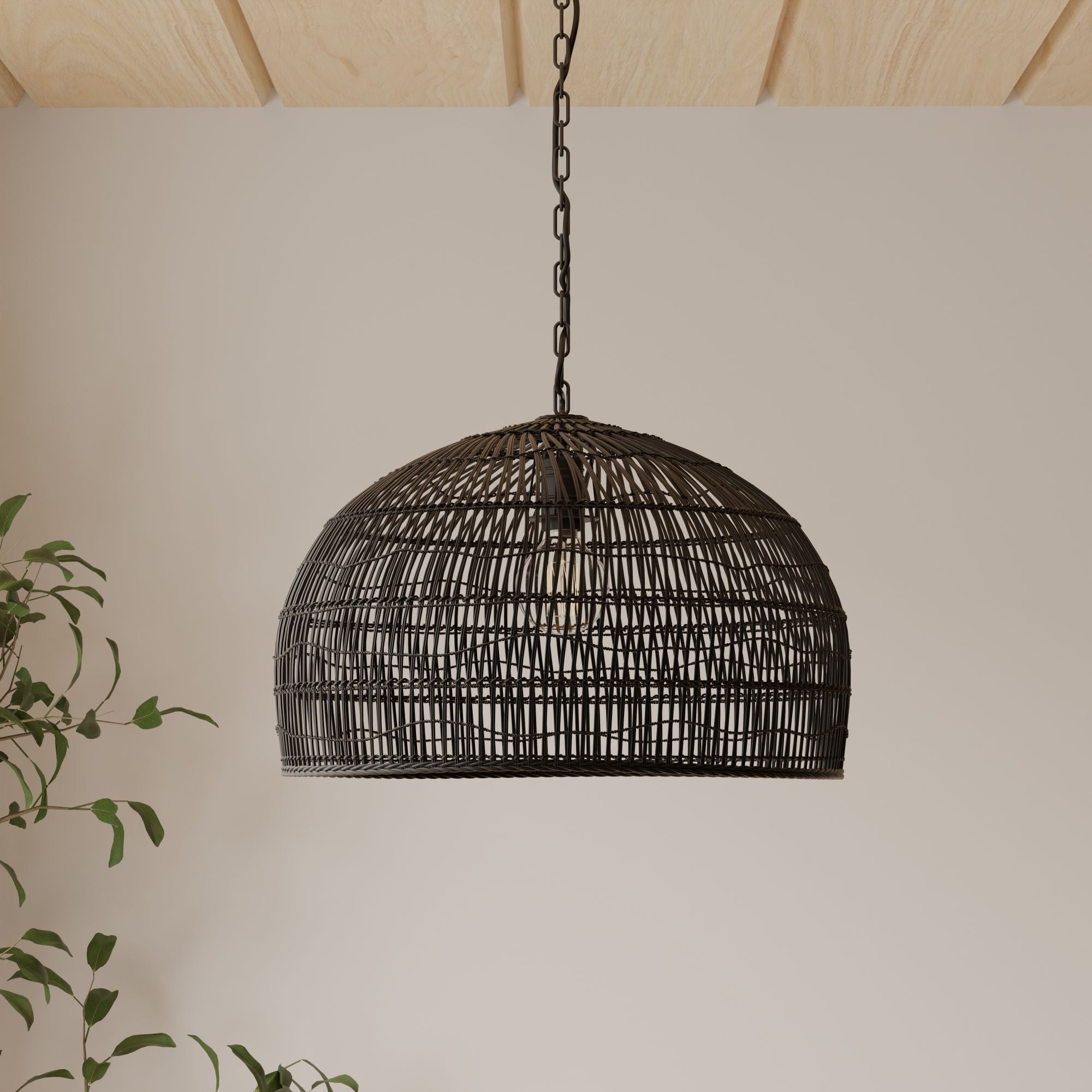 Luhu Open Weave Cane Rib Dome Pendant Lamp, Black
