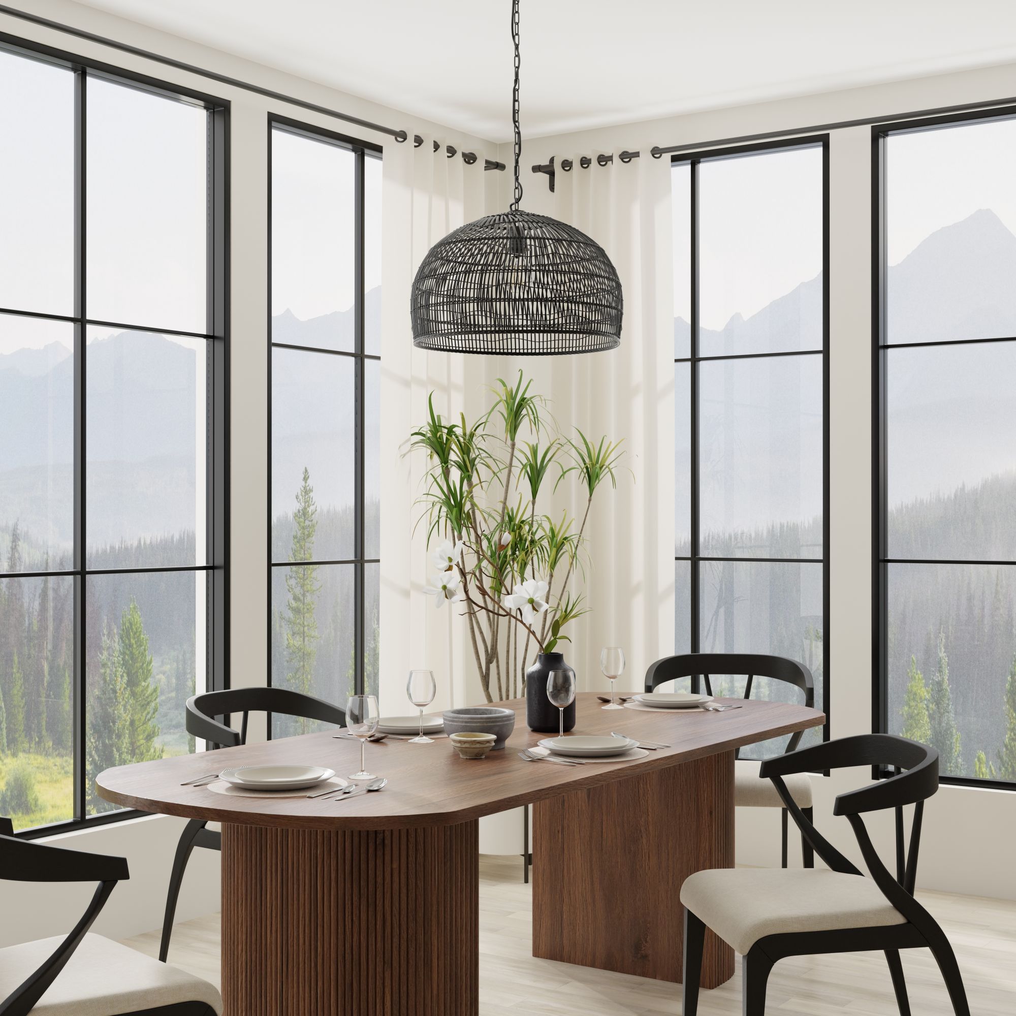 Luhu Open Weave Cane Rib Dome Pendant Lamp, Black