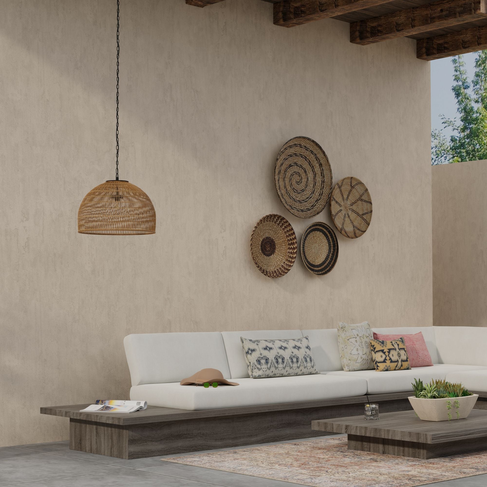 Luhu Open Weave All Weather Cane Rib Outdoor Dome Pendant Lamp