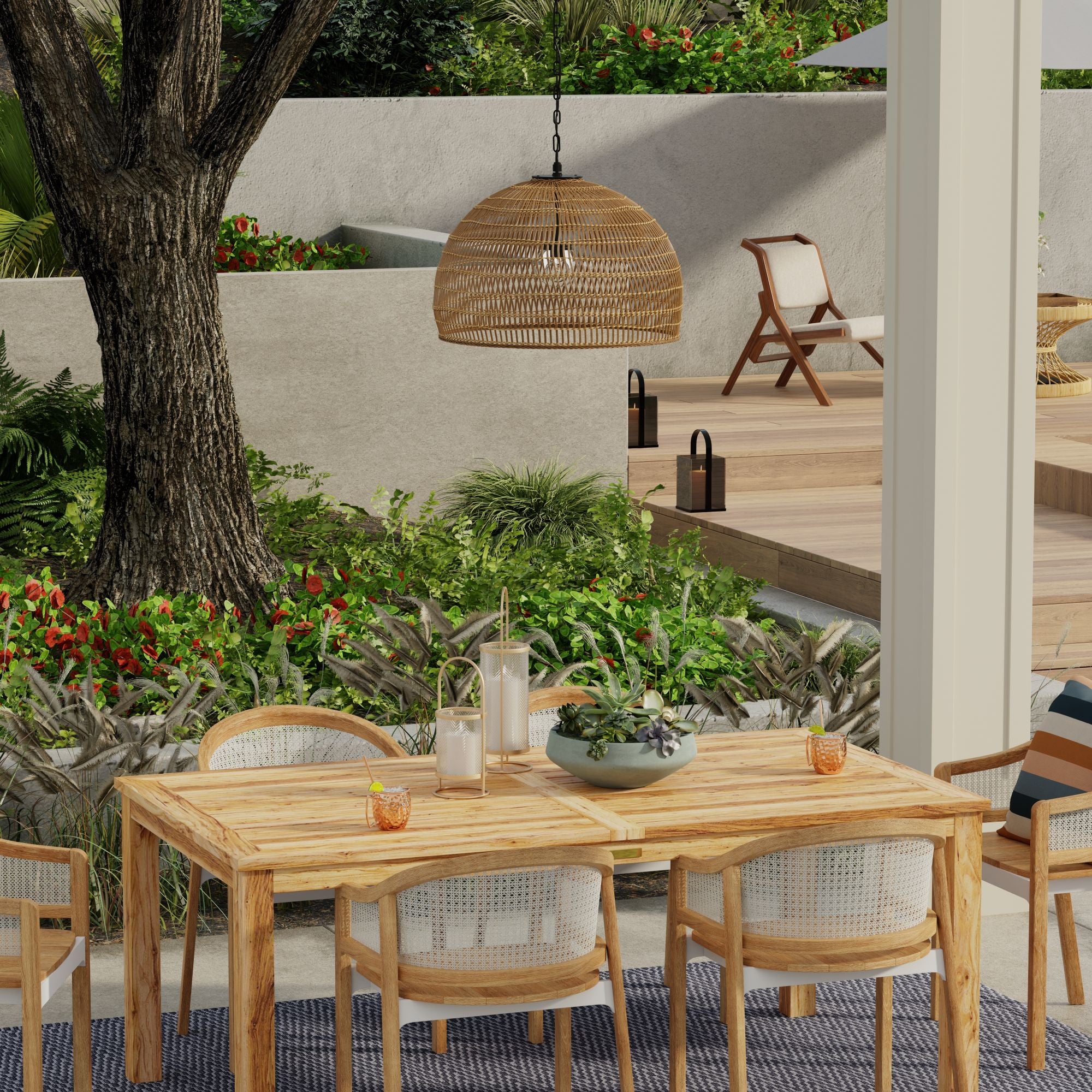 Luhu Open Weave All Weather Cane Rib Outdoor Bell Pendant Lamp