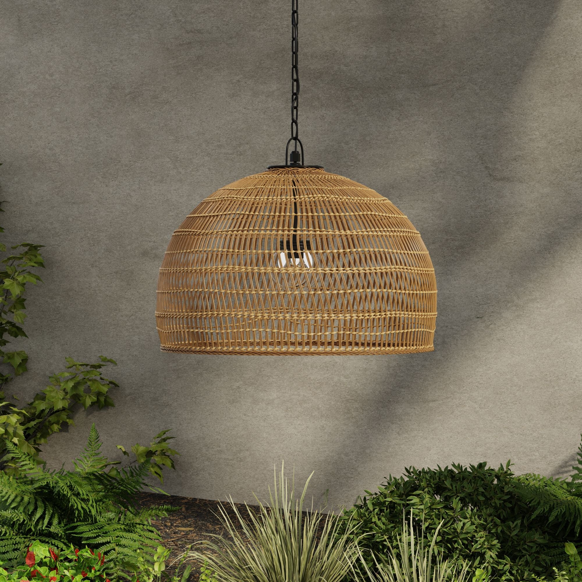 Luhu Open Weave All Weather Cane Rib Outdoor Bell Pendant Lamp