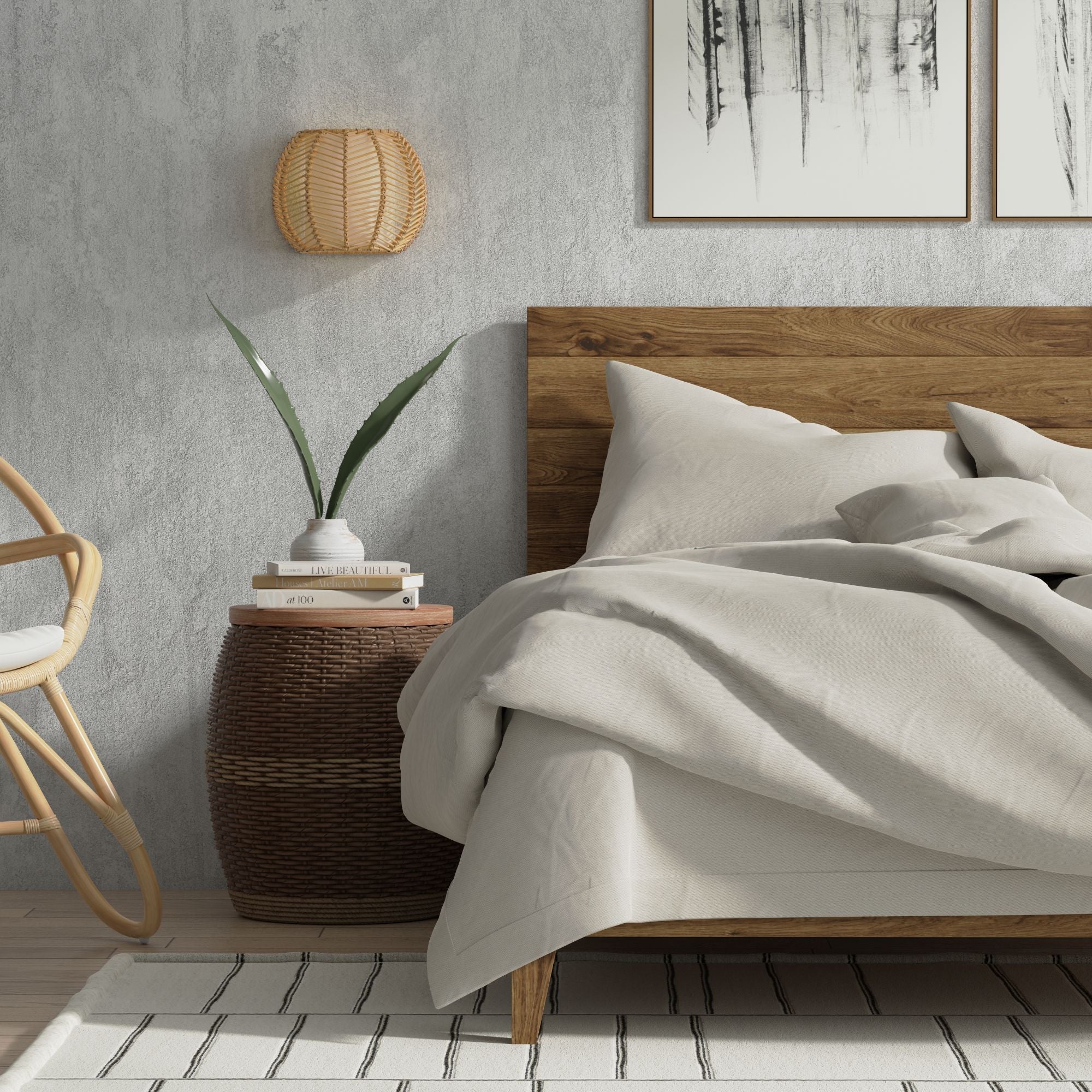 Wicker Rib Half-Sphere  Indoor Wall Sconce with Whie Fabric Light Diffuser, Natural