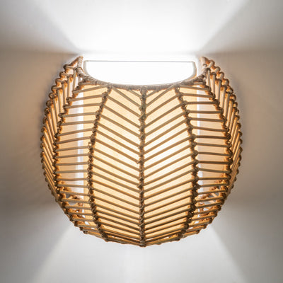 Wicker Rib Half-Sphere  Indoor Wall Sconce with Whie Fabric Light Diffuser, Natural