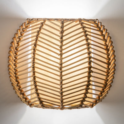 Wicker Rib Half-Sphere  Indoor Wall Sconce with Whie Fabric Light Diffuser, Natural