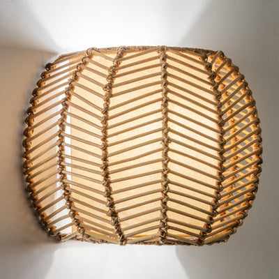 Wicker Rib Half-Sphere  Indoor Wall Sconce with Whie Fabric Light Diffuser, Natural