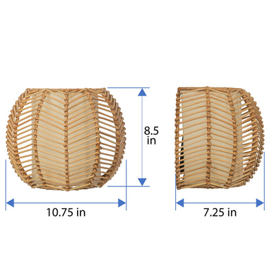 Wicker Rib Half-Sphere  Indoor Wall Sconce with Whie Fabric Light Diffuser, Natural