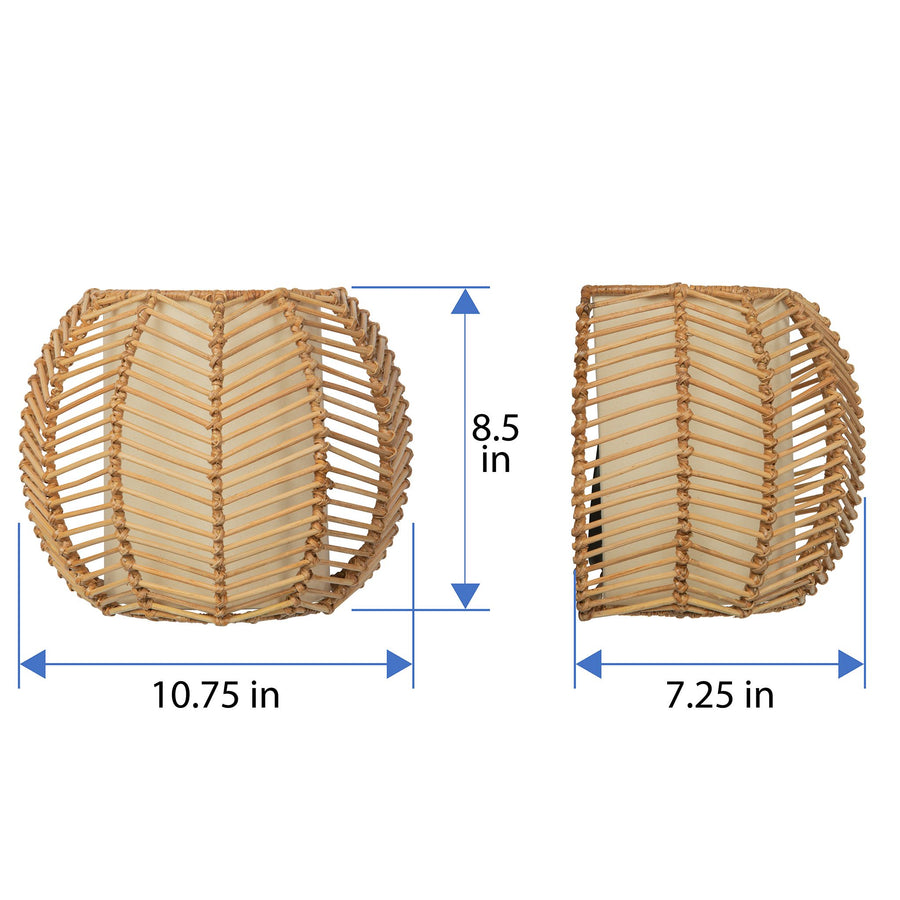Wicker Rib Half-Sphere  Indoor Wall Sconce with Whie Fabric Light Diffuser, Natural