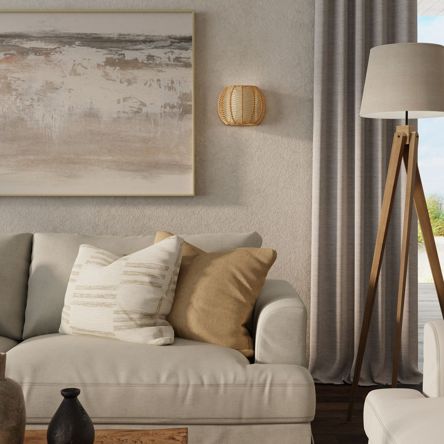 Wicker Rib Half-Sphere  Indoor Wall Sconce with Whie Fabric Light Diffuser, Natural