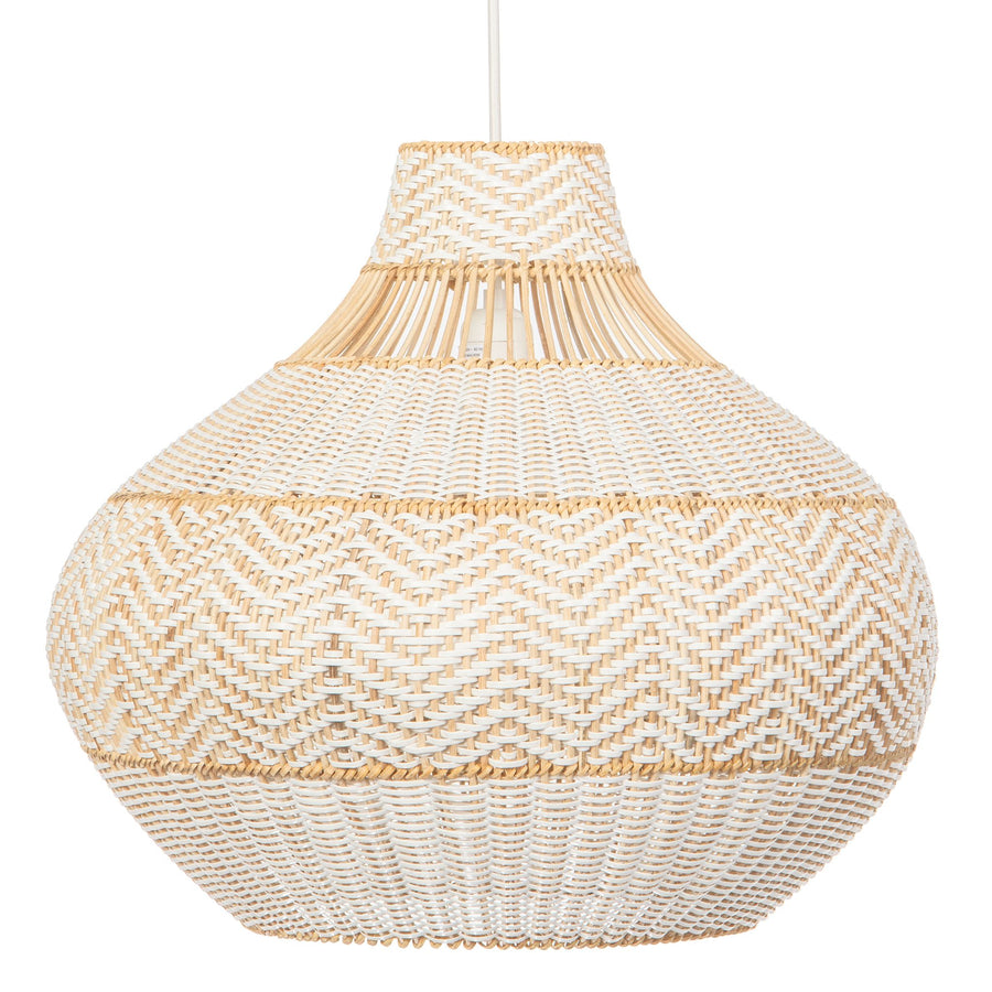 Wicker and Polyrattan Pear Shaped Zig-Zag Pendant Lamp, White, Diam 18 Inches