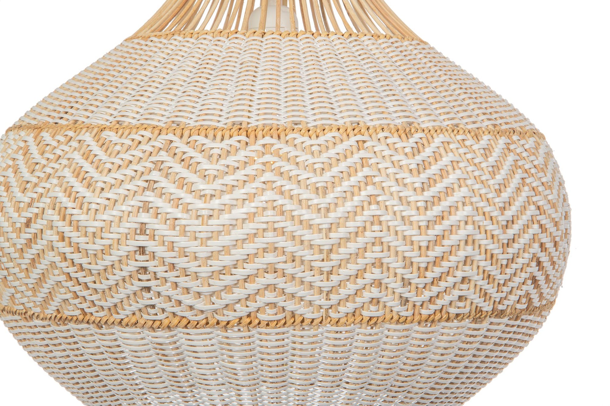 Wicker and Polyrattan Pear Shaped Zig-Zag Pendant Lamp, White, Diam 18 Inches