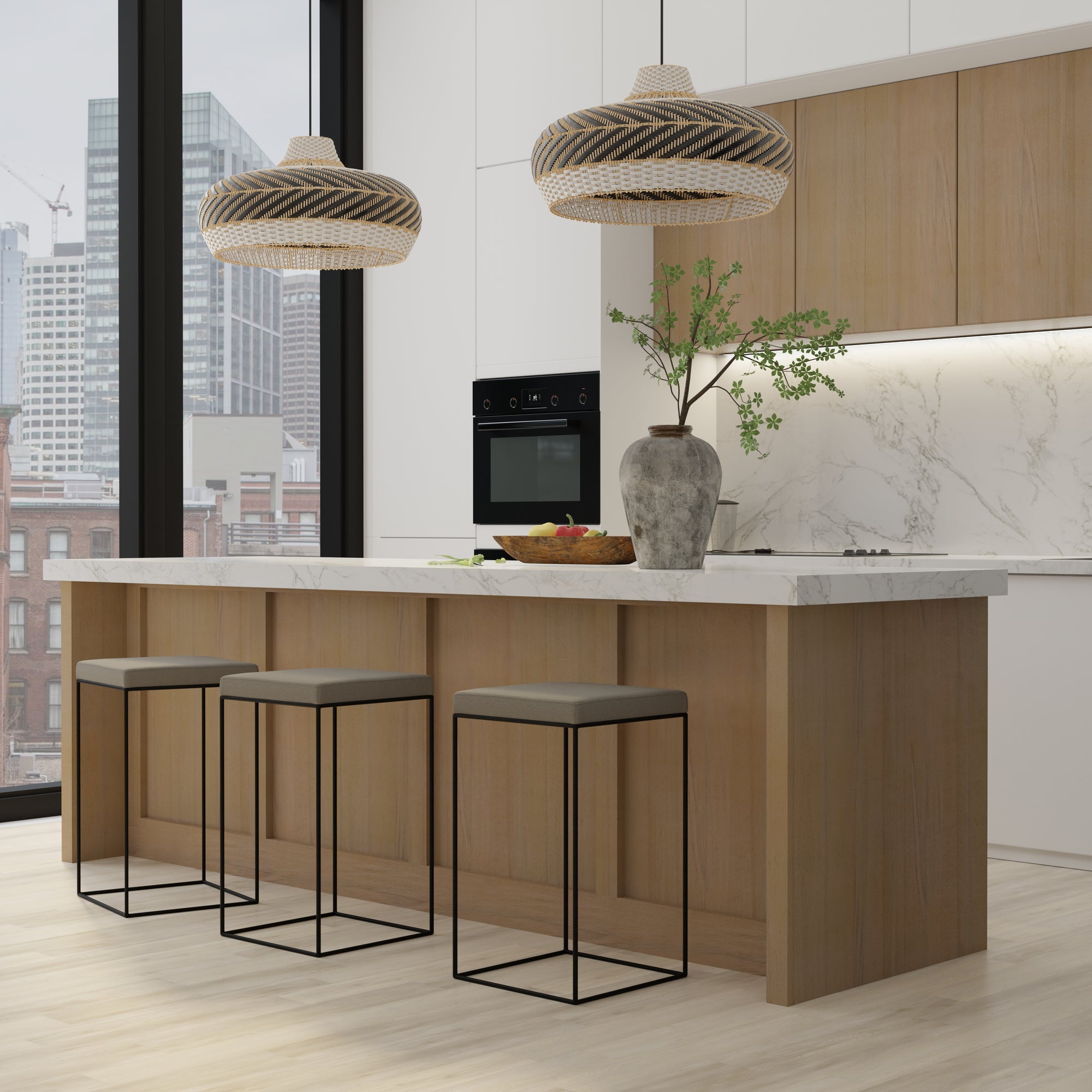 Wicker and Polyrattan Saucer Shaped Arrow Pendant Lamp, White & Black, Diam 24 Inches