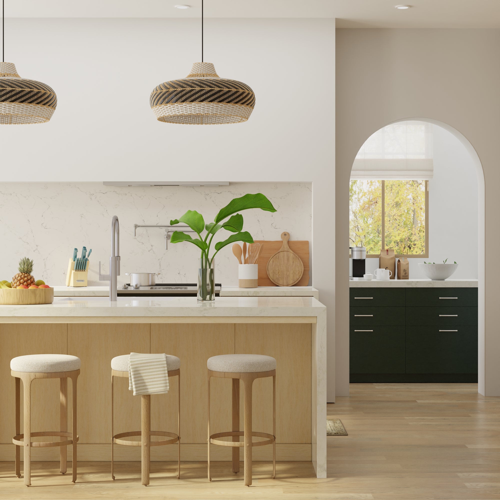 Wicker and Polyrattan Saucer Shaped Arrow Pendant Lamp, White & Black, Diam 24 Inches