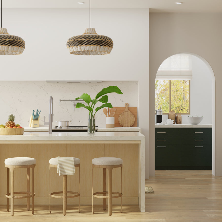 Wicker and Polyrattan Saucer Shaped Arrow Pendant Lamp, White & Black, Diam 24 Inches