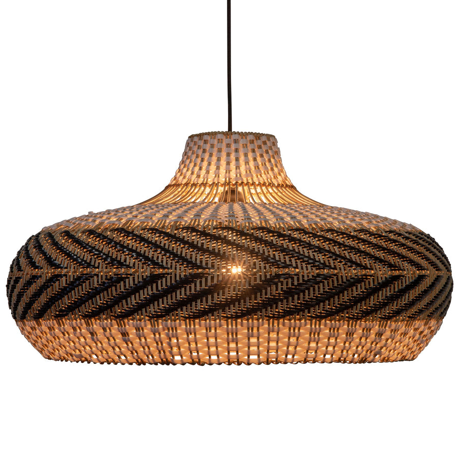 Wicker and Polyrattan Saucer Shaped Arrow Pendant Lamp, White & Black, Diam 24 Inches