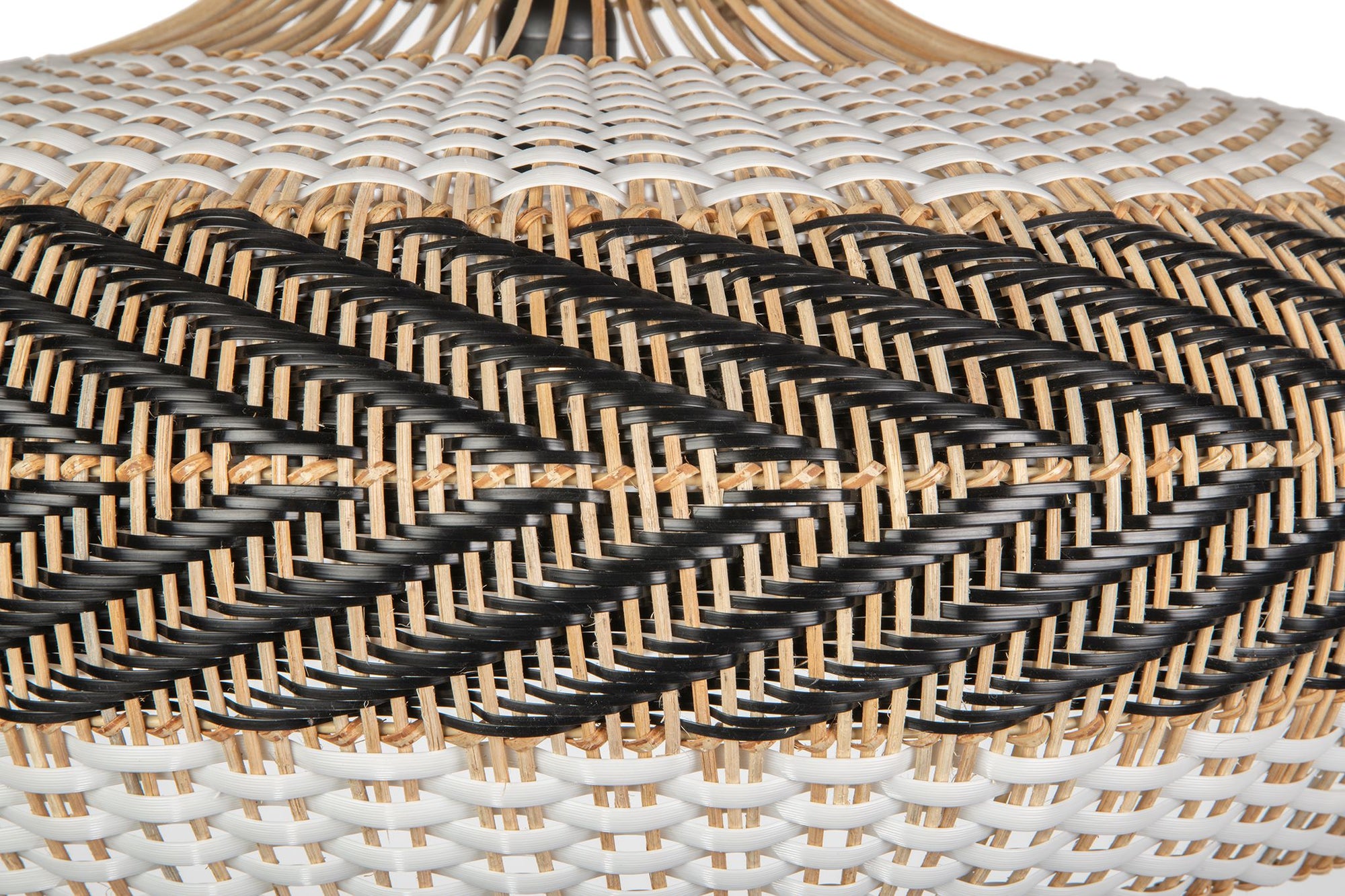 Wicker and Polyrattan Saucer Shaped Arrow Pendant Lamp, White & Black, Diam 24 Inches