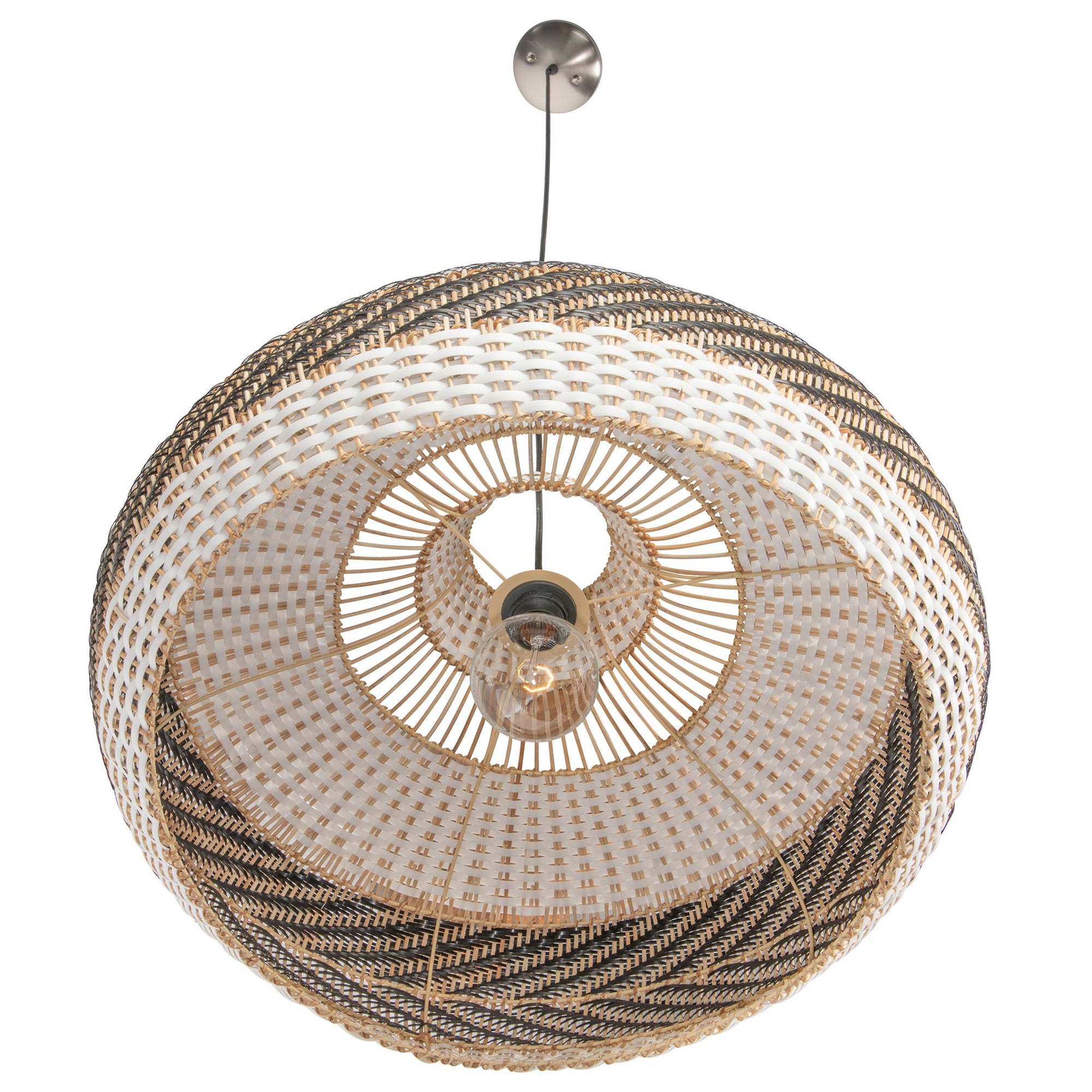 Wicker and Polyrattan Saucer Shaped Arrow Pendant Lamp, White & Black, Diam 24 Inches