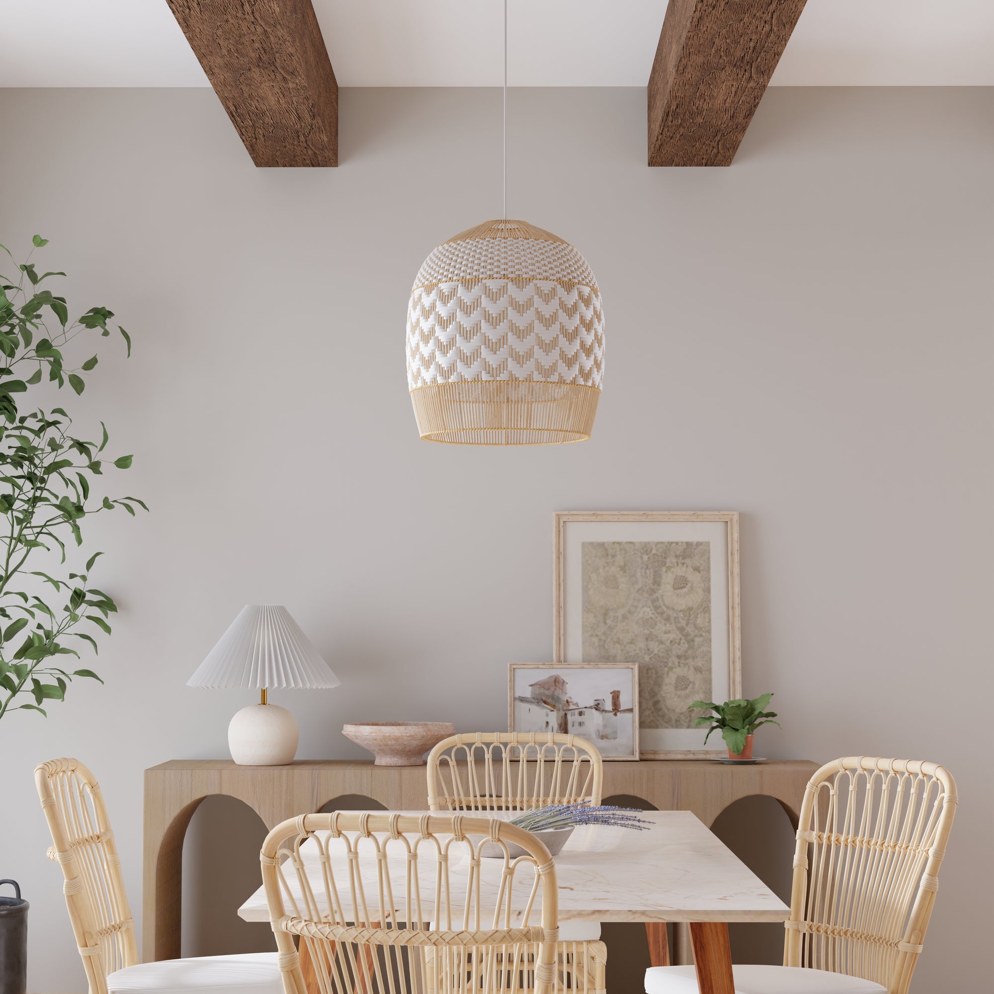 Wicker and Polyrattan Tulip Shaped Chevron Pendant Lamp, White, Diam 19.5 Inches