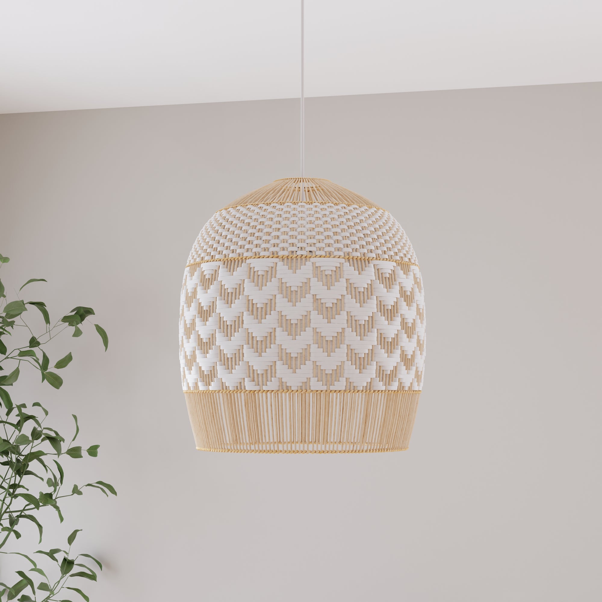 Wicker and Polyrattan Tulip Shaped Chevron Pendant Lamp, White, Diam 19.5 Inches