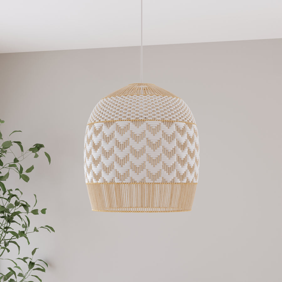 Wicker and Polyrattan Tulip Shaped Chevron Pendant Lamp, White, Diam 19.5 Inches