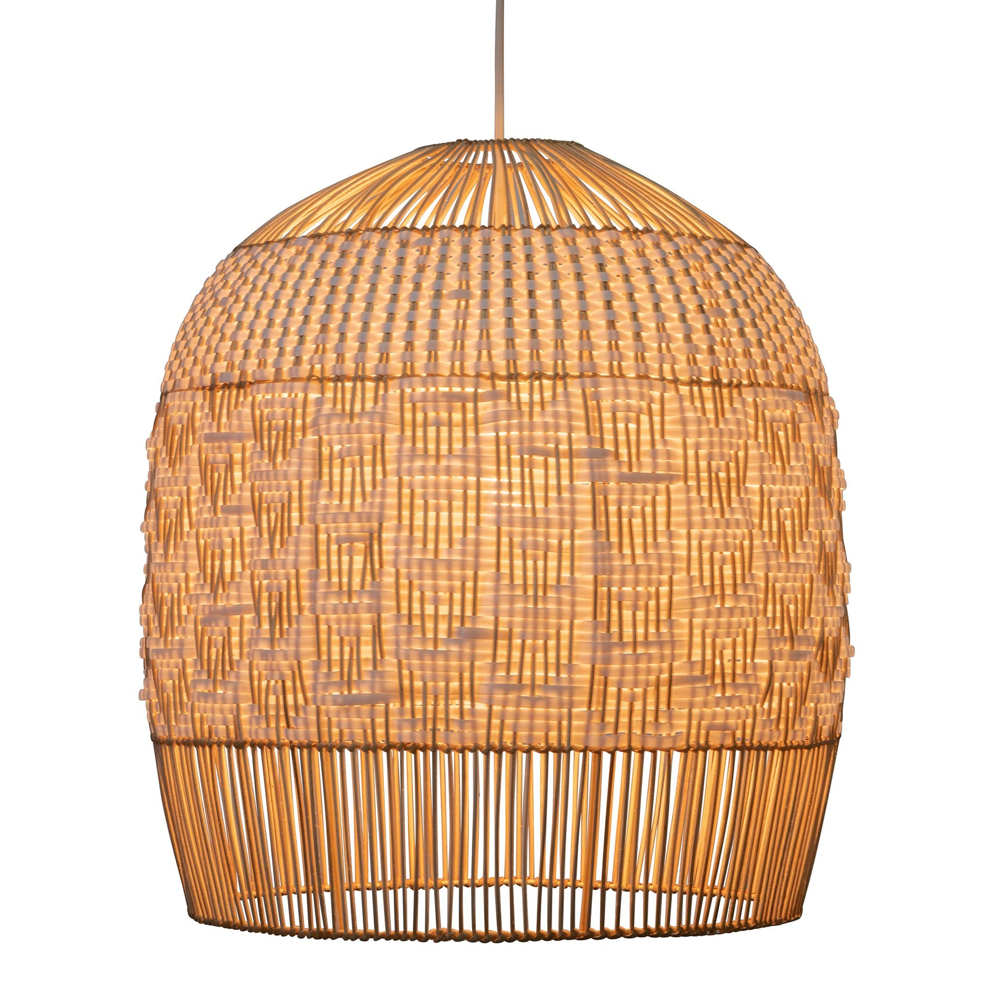 Wicker and Polyrattan Tulip Shaped Chevron Pendant Lamp, White, Diam 19.5 Inches