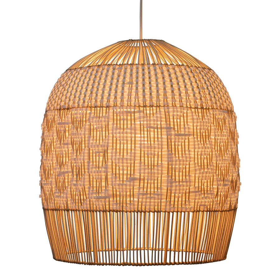Wicker and Polyrattan Tulip Shaped Chevron Pendant Lamp, White, Diam 19.5 Inches