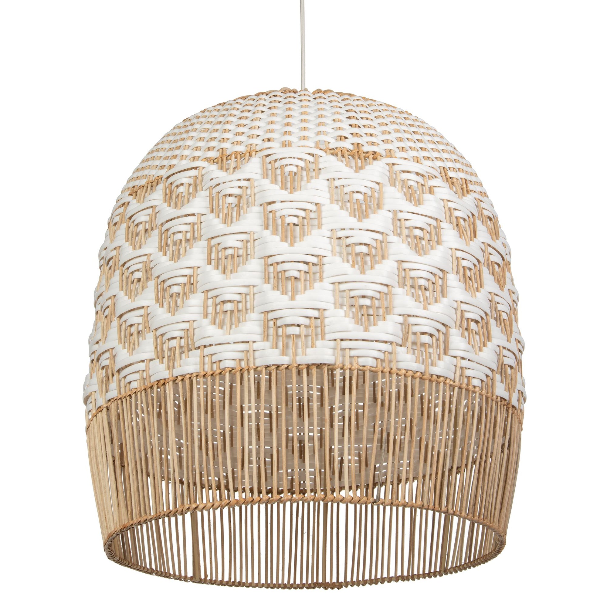 Wicker and Polyrattan Tulip Shaped Chevron Pendant Lamp, White, Diam 19.5 Inches