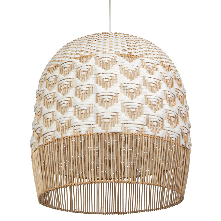 Wicker and Polyrattan Tulip Shaped Chevron Pendant Lamp, White, Diam 19.5 Inches